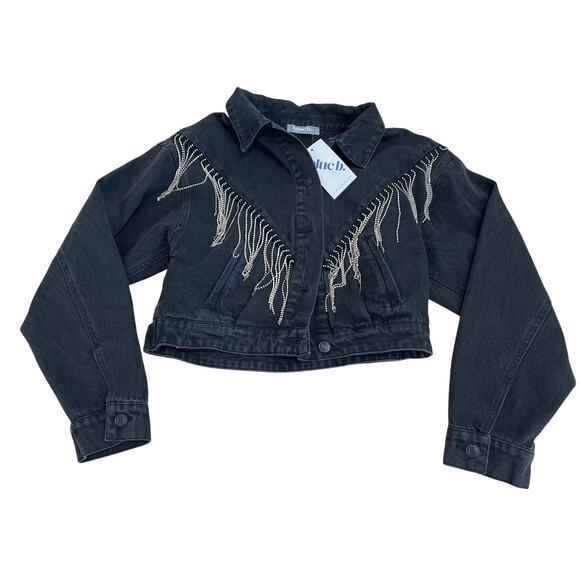 Blue B Rhinestone Fringe Denim Jacket Size Small Black Western Concert Rodeo - Picture 2 of 9